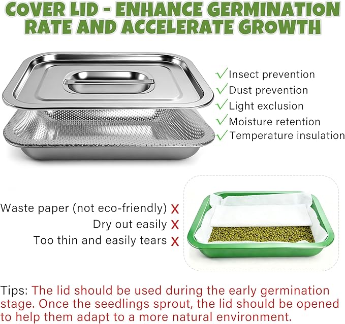 2 Pack Stainless Steel Seed Sprouter Trays, 2-Tier Soil-Free Microgreens Growing Kit, Sprouting Tray with Cover Lids & Mesh Pads for Sprouts Beans Alfalfa Wheatgrass (10.6" * 7.9" * 1.9")