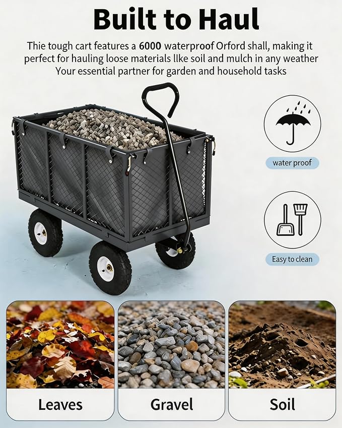 GarveeTech 400LBS Heavy Duty Steel Garden Cart, Garden Wagon Cart on Wheels, Metal Yard Utility Wagon with Removable Mesh Sides, 10" All Terrain Tires, 180° Rotating Handle for Lawn, Garden, Farm
