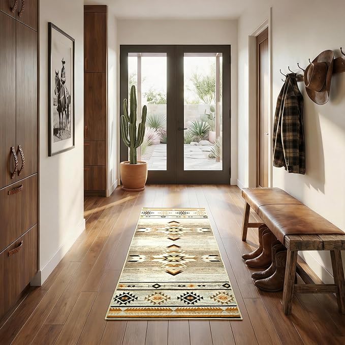 BENRON Western Hallway Runner Rug 2x4 for Bedroom, Washable, Beige Brown | Non Slip Southwest aztec Rug, Accent and Tribal Long Runners for Kitchen