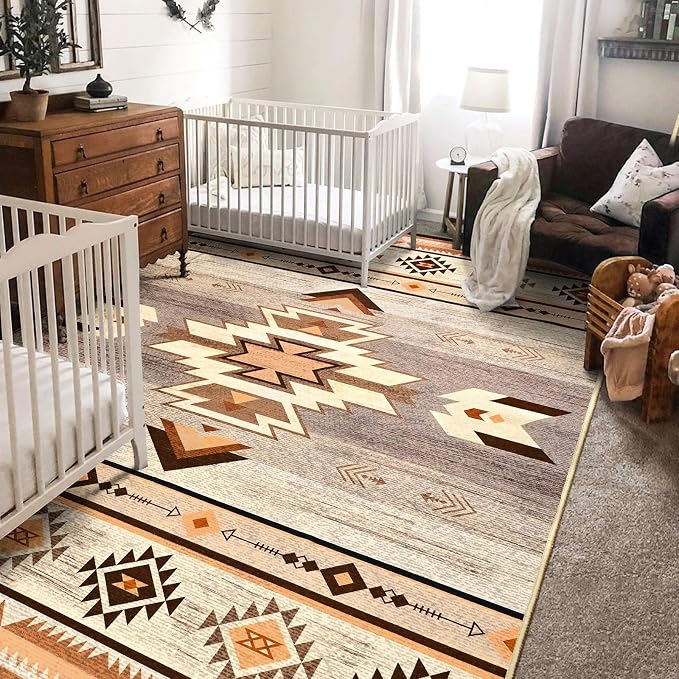 BENRON Western Area Rugs for Living Room Bedroom 6x9, Washable, Warm Beige | Non Slip Large Southwest aztec Rugs for Dining Table Kitchen Home Decor