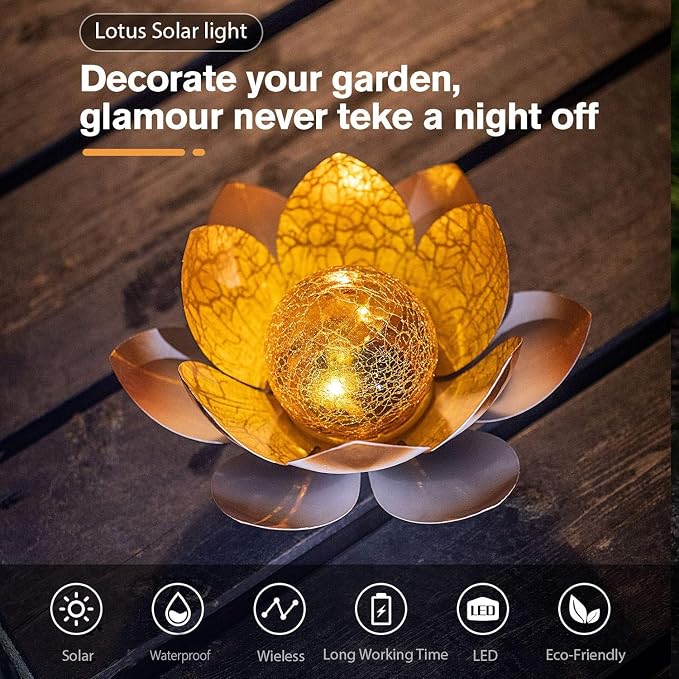 AIINY Garden Solar Lights Outdoor(2Pack), Amber Crackle Globe Glass Lotus Decoration, Waterproof Orange Metal LED Flower Lights for Patio,Lawn,Walkway,Tabletop,Ground, Garden Gifts for Women