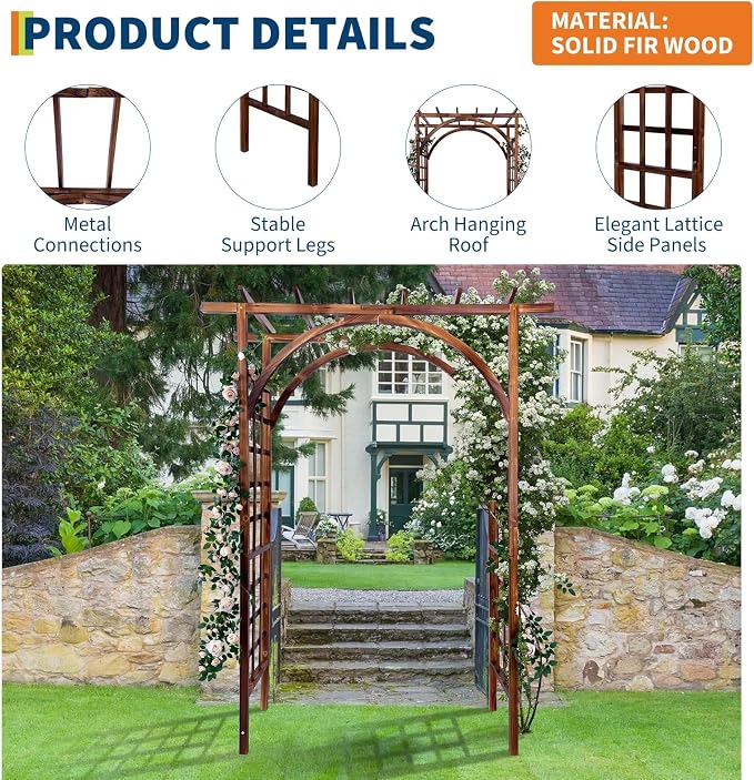 Garvee 85 in Wooden Garden Arbor,Solid Fir Wood Trellis for Plant Climbing,Wedding Ceremony Decoration Pergola for Garden Backyard,Lawn, Carbonized Wood