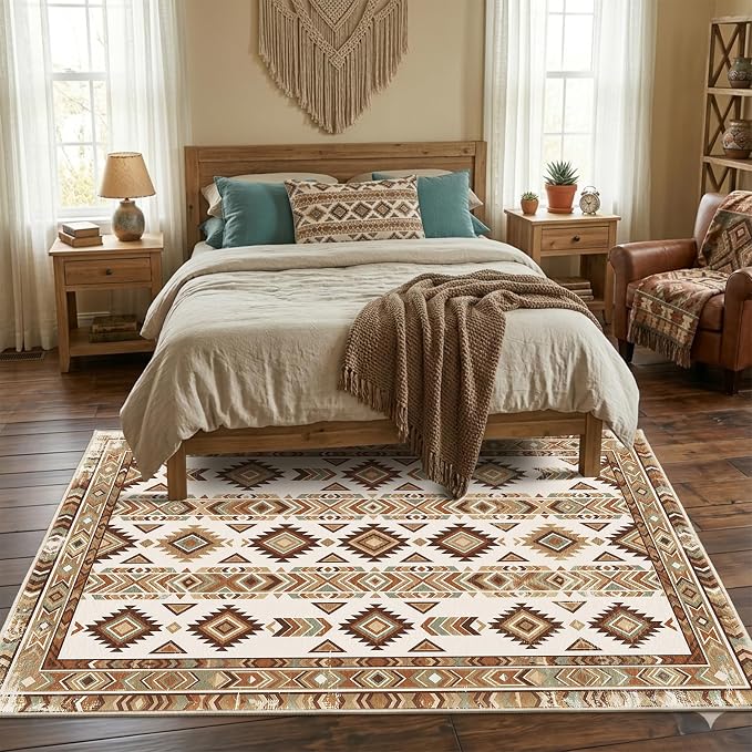5x7 Southwestern Area Rug, Soft Faux Cashmere Tribal Non-Slip Floor Mat