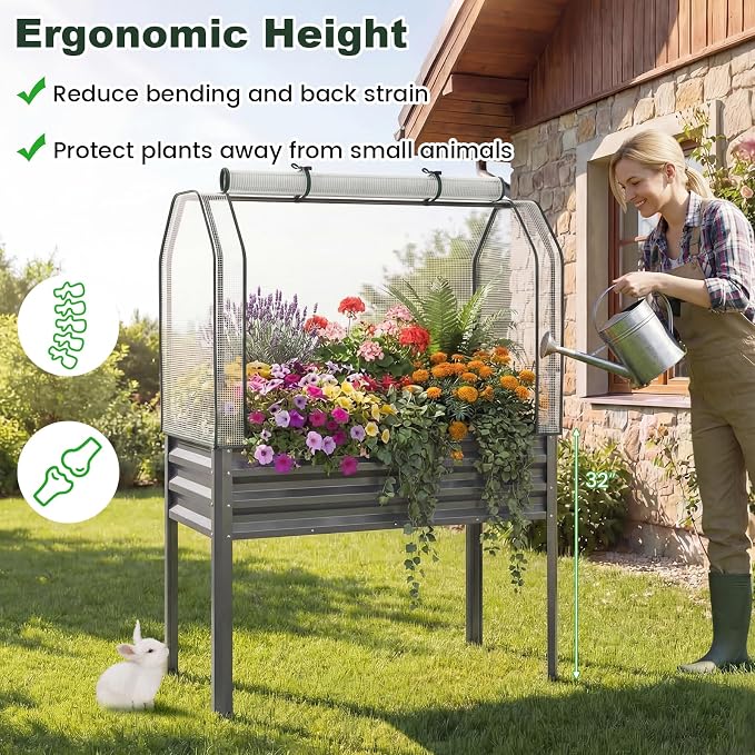 Giantex Raised Garden Bed with Legs & Greenhouse Cover, 44x20x60 Elevated Metal Planter Box with Roll-up Door, Outdoor Mini Greenhouse for Vegetable Flower Herb Patio Balcony (Gray,1)