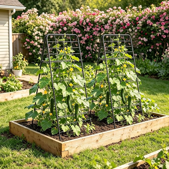 Amoskey Cucumber Trellis, Garden Trellis for Climbing Plants Outdoor, Foldable A-Frame Trellis, Cucumber Trellis for Raised Bed for Cucumbers, Peas, or Tomatoes (Black, Small Grid)