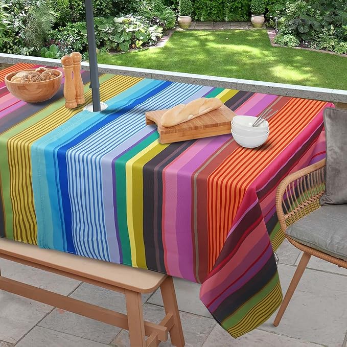 Outdoor Tablecloth with Umbrella Hole and Zipper, Rectangle Patio Table Covers for Spring/Summer, Machine Washable Outdoor Picnic Table Cloth (02stripes, 60" × 120" Rectangular)