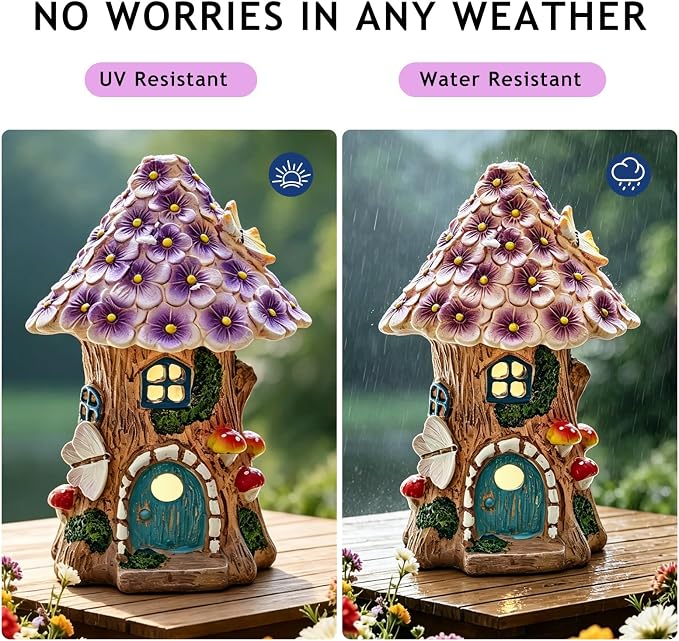 Fairy Garden House, Solar Fairy House for Outside Decor, Outdoor Mushroom Garden Statues for Yard, Lawn, Balcony Patio, Outdoor Figurine Lights Gifts for Mom Women