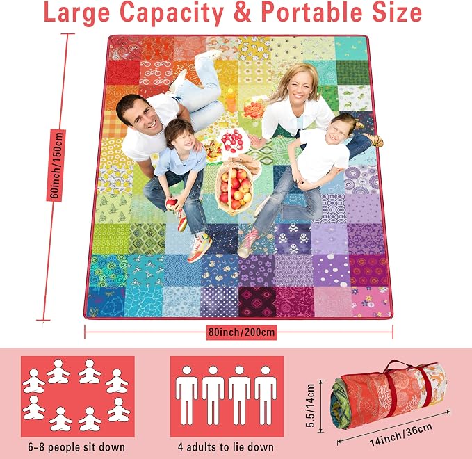 Supfitness Extra Large Picnic Blankets Waterproof Foldable (60"x 80") Boho Beach Blanket Waterproof Sandproof,3-Layer Thicking Mat Outdoor Packable Camping Blanket