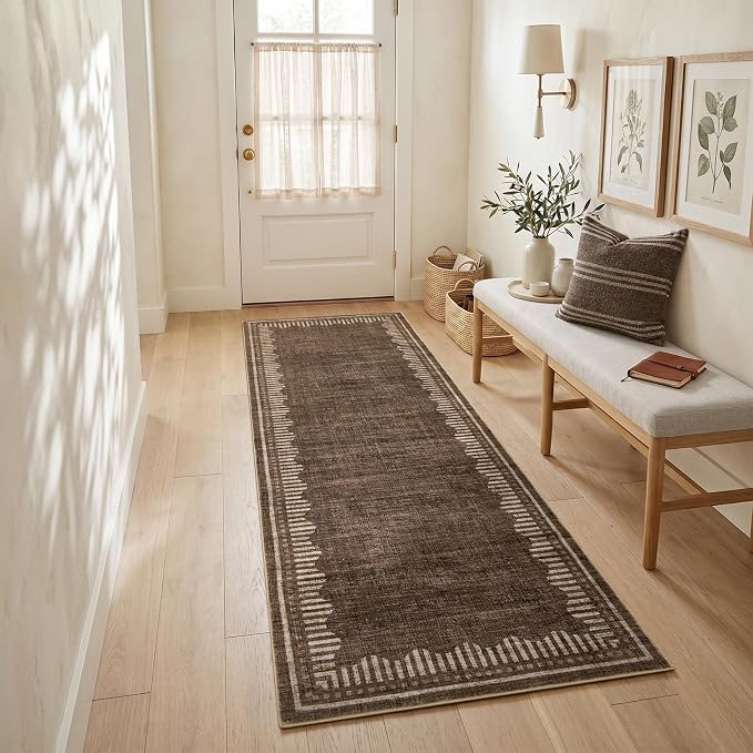 Garvee Washable Hallway Runner Rug 2x6 Non Slip Neutral Scalloped Runners | Brown Low Pile Stain Resistant Kitchen Runner Mat Solid Color Modern Geometric Living Room Bedroom Nursery Entry Area Rugs