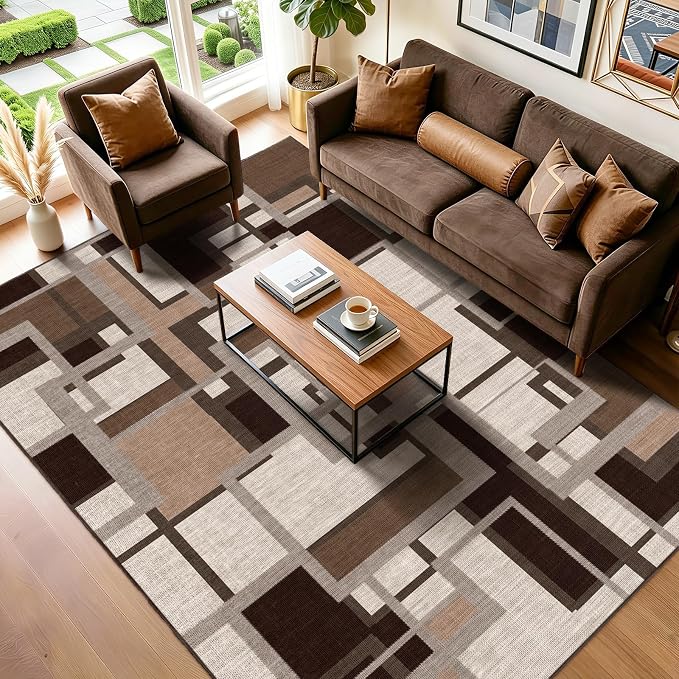 Modern Geometric 8x10 Area Rugs for Living Room, Coffee Brown Washable Rug | Contemporary Patchwork Blocks Non-Slip Indoor Carpet for Bedroom Dining Room Office | Abstract Soft Low-Pile Large Rug