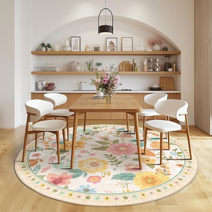 RELEANY Floral Washable Round 8ft Area Rug Beige/White/Orange | Flower Carpet, Print, Boho, Non-Slip, Easy to Clean, Soft, Low Pile for Living Room Bedroom Kitchen Office Entryway Hallway