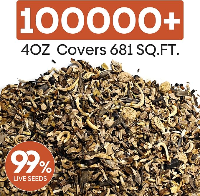 Groundio Wildflower Seeds Bulk, 4 Ounce, 200,000+ Seeds, 26 Varieties Annual & Perennial Flower Seeds Mix with Zinnia, Milkweed, Butterflyweed, Attracts Pollinators, Plant in Spring or Fall