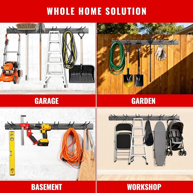 Garage Tool Organizer Wall Mount, Easy to 64inch Install Heavy-Duty Garage Storage System with 12 Adjustable Hooks, Garden Tool Rack for Shovels, Rakes, Yard Tools