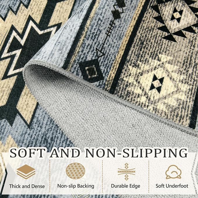 BENRON Western Rugs for Living Room Bedroom 5x7, Non Slip Washable, Grey | Southwest aztec Area Rugs for Dining Table Kitchen Home Decor, Geometric