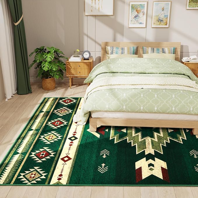 BENRON Western Rugs for Living Room Bedroom 5x7, Non Slip Area Rugs, Green | Southwest aztec Rustic Rugs for Dining Table Kitchen Home Decor, Washable