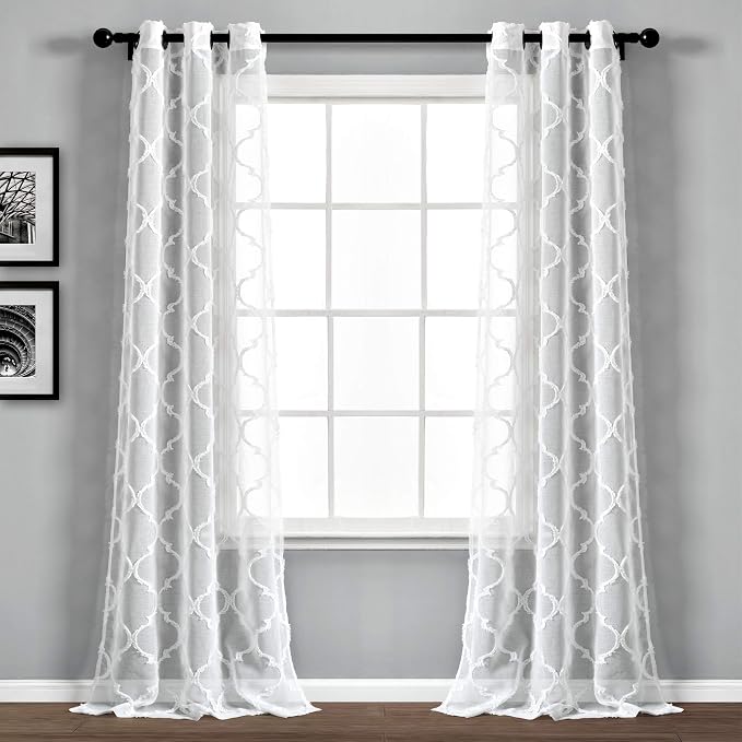 Lush Decor Avon Trellis Grommet Sheer Window Curtain Panels Pair 38" W x 95" L White - Sheer Curtains for Living Room - Modern Farmhouse Bedroom Curtains