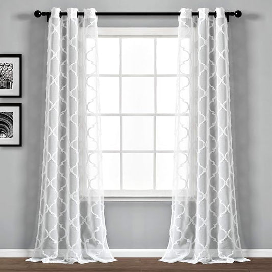 Lush Decor Avon Trellis Grommet Sheer Window Curtain Panels Pair 38" W x 95" L White - Sheer Curtains for Living Room - Modern Farmhouse Bedroom Curtains
