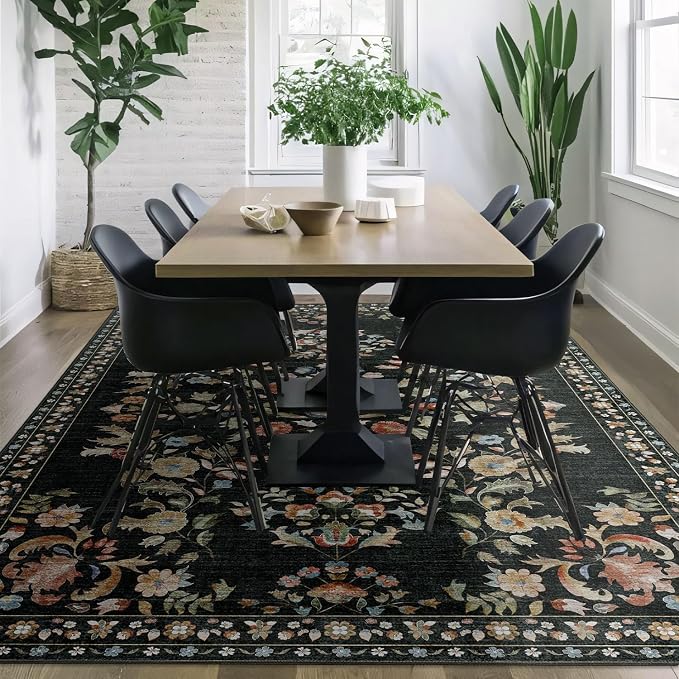 8x10 Area Rugs Washable Floral Rug Non Slip Ultra-Thin Large | Machine Washable Throw Carpet for Living Room Dining Room Bedroom Floor Indoor Low Pile Boho Vintage Black