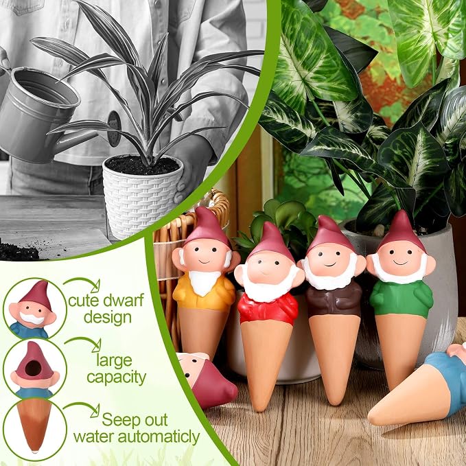 Teenyyou 7 Pack Gnome Terracotta Plant Watering Spikes - Easy Top Fill Self Waterer Insert - Cute Vacation Automatic Stakes for Indoor Outdoor Houseplants