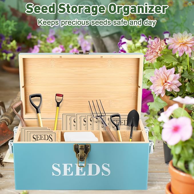 Coolrunner Wood Seed Saving Box, Seed Storage Organizer Case | Seed Packet Storage Organizer with Lock and 3 Handles, 30P Plant Labels, 30P Seeding Envelopes Bag (Blue)
