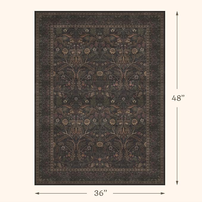 Rustic Brown 3x4 Large Washable Entryway Rug Indoor - Stain Resistant Kitchen Sink Floor Mat Non Slip, Dark Floral Pattern Cabin Area Rug for Bedroom Beside Bed, Mudroom
