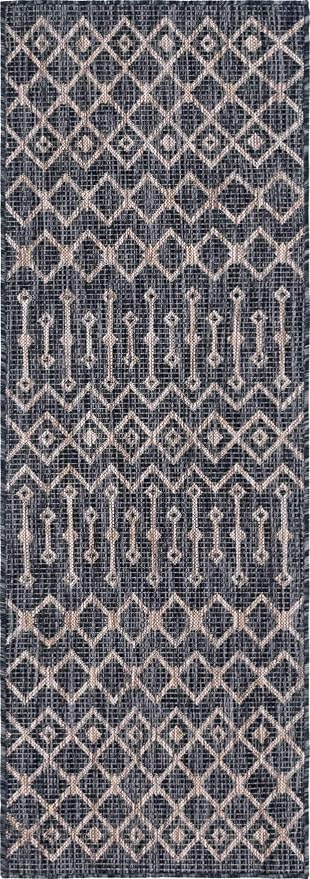 Unique Loom Outdoor Trellis Collection Area Rug - Tribal Trellis (2' x 6' 1" Runner, Charcoal Gray/ Natural)