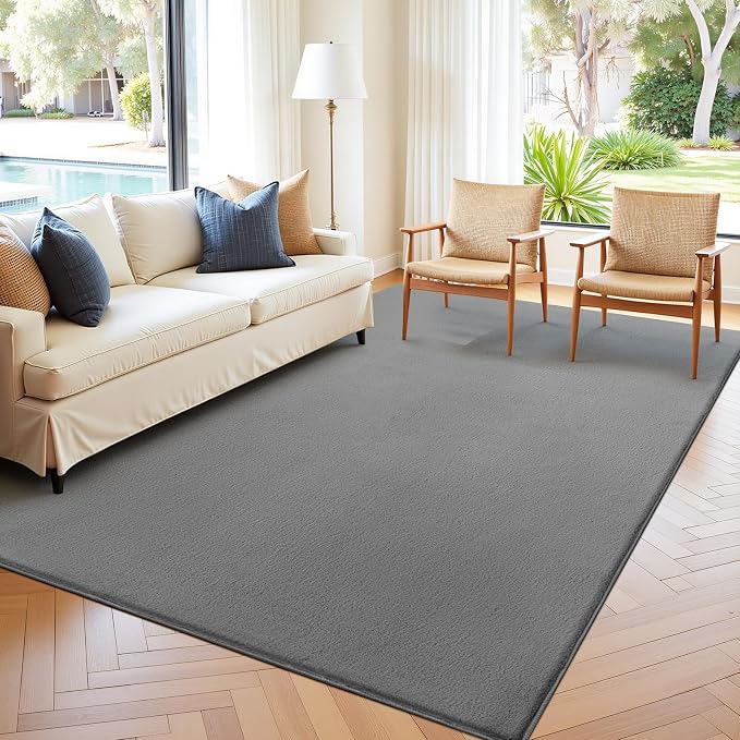 SHACOS Ultra Soft Faux Rabbit Fur Area Rug 6'x9', Non Slip Washable Padded Living Room Rugs, Fluffy Cozy Indoor Modern Carpet for Bedroom Dining Room Kids Room Dorm Home Decor, Grey