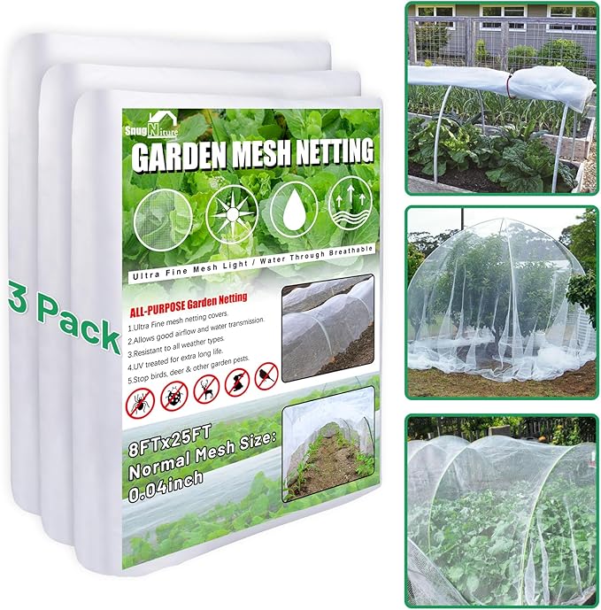 SnugNiture 3 Pack Garden Netting 8x24FT Ultra Fine Mesh Mosquito Netting Plant Covers, White Bird Netting Barrier Greenhouse Row Cover Protect Fruits Flower Vegetables from Birds Deer & Squirrels
