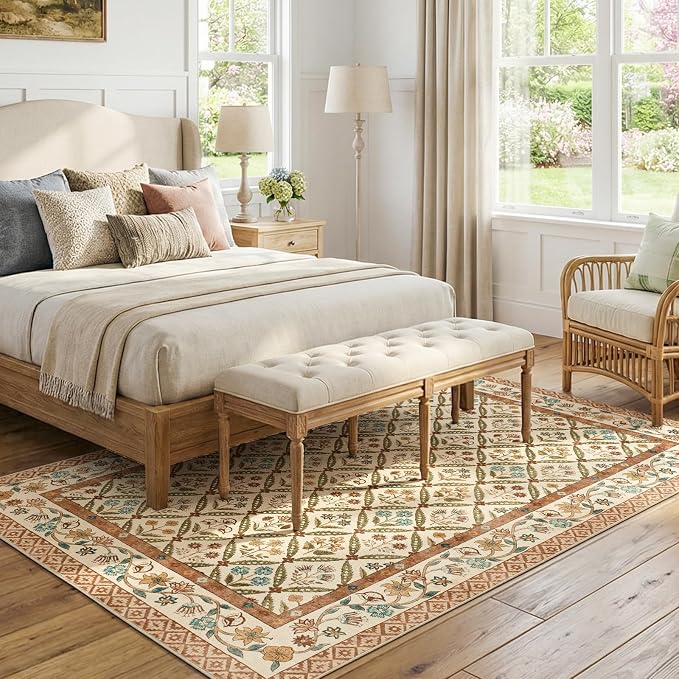 jinchan 6x9 Vintage Floral Washable Large Living Room Area Rug, Terracotta | Soft & Lightweight, Checkered Floral, Low Pile, Non Slip, Bedroom, Dining Room, Girls Room, Home Office, Cottage Decor
