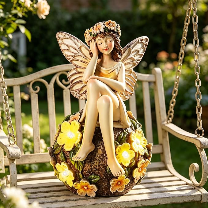 Solar Fairy Statue Sitting on the Flower Ball Light 6.8" Angel Statues for Garden Yard Patio Porch Lawn Decor Resin Fairy Figurine Outdoor Waterproof Angel Gifts for Women Mom Sister