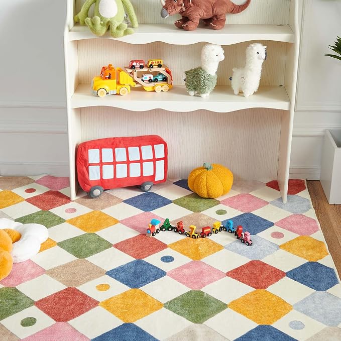 jinchan 2x3 Area Rug Washable Kids Rug Colorful Playful Entryway Doormat | Soft, Non-Slip, Kid-Friendly, for Nursery Playroom Doorway Bathroom, Modern Geometric Checkered Design, Small Accent Rug