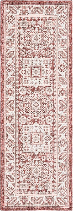 Unique Loom Outdoor Aztec Collection Area Rug - Chalca (2' x 6' 1" Runner, Rust Red/ Ivory)