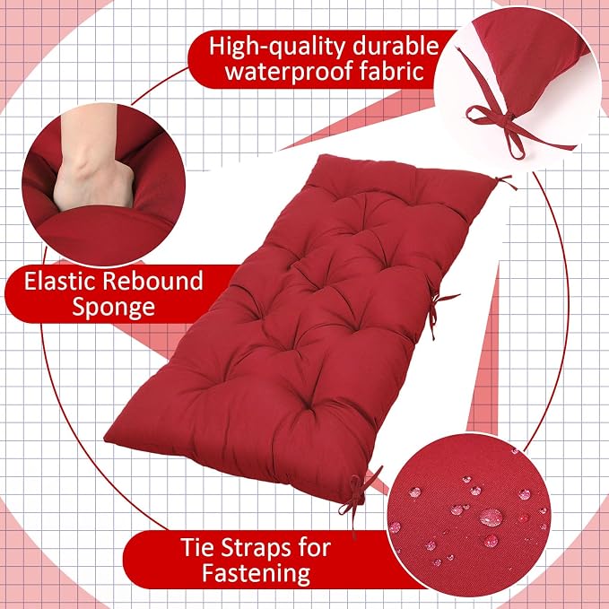 Wenqik Outdoor Bench Cushion 44 x 19 x 5 Inch Waterproof Patio Swing Cushion with Removable Zippered Cover Adjustable Ties Seat Pad for Porch Bench Garden Loveseat (Brick Red, Classic)
