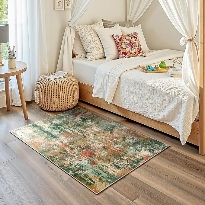 RELEANY Washable 3'x5' Abstract Area Rug for Living Room Green Multi | Carpet for Bedroom, Kitchen, Office, Hallway and Entryway, Printed Pattern, Non‑Slip, Soft, Stain‑Resistant, Easy to Clean