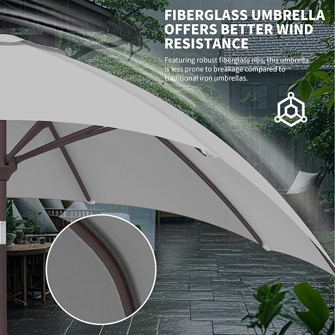 Kingdura 10FT Outdoor Patio Umbrella, Round Market Table Umbrella with Push‑Button Tilt and Crank Lift, 8 Sturdy Metal Ribs, UV50+ Protection Canopy for Backyard, Lawn, Deck, Poolside, Garden (Light grey)