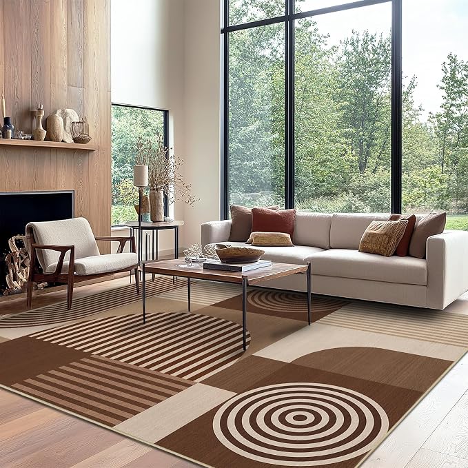8x10 Area Rug for Living Room Brown Geometric Rug Machine Washable Minimalist Line Mid Century Modern Area Rugs Non Slip Low Pile Large Dining Room Indoor Floor Carpet for Bedroom Kitchen Office,Brown