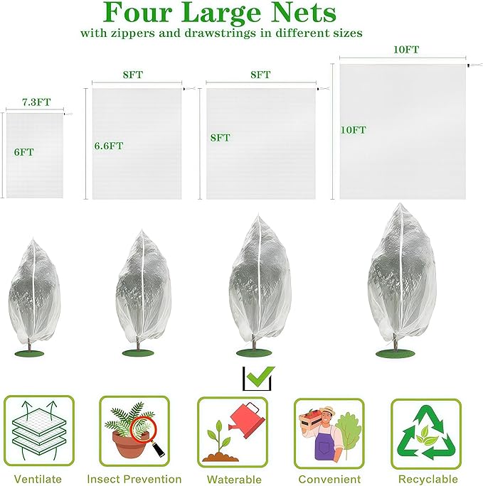 1 Pack 12x16Ft Extra Large Drawstring & Zipper Fruit Tree Netting Cover - Reusable Bird Netting for Blueberry Bushes, Anti-Cicada/Deer/Squirrel Large Plant Protection Net