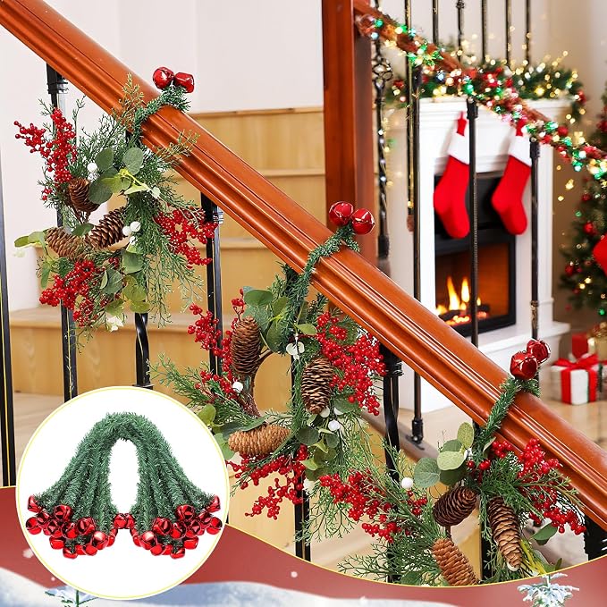 50 Pcs 20 Inches Christmas Garland Ties with Bells Decorative Twist Ties Garland Hanger for Banister Stairs Railing Garden Reusable Flexible Twist for Xmas Holiday Decorations (Red)