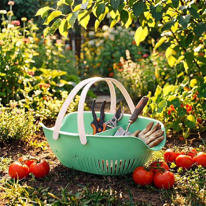 Nuogo 3 Pcs Garden Harvest Basket Removable Partitions with Tool Caddy for Collecting Carrying and Cleaning Harvesting Basket Doubles Colander for Vegetables and Fruits Garden Accessories (Sage Green)