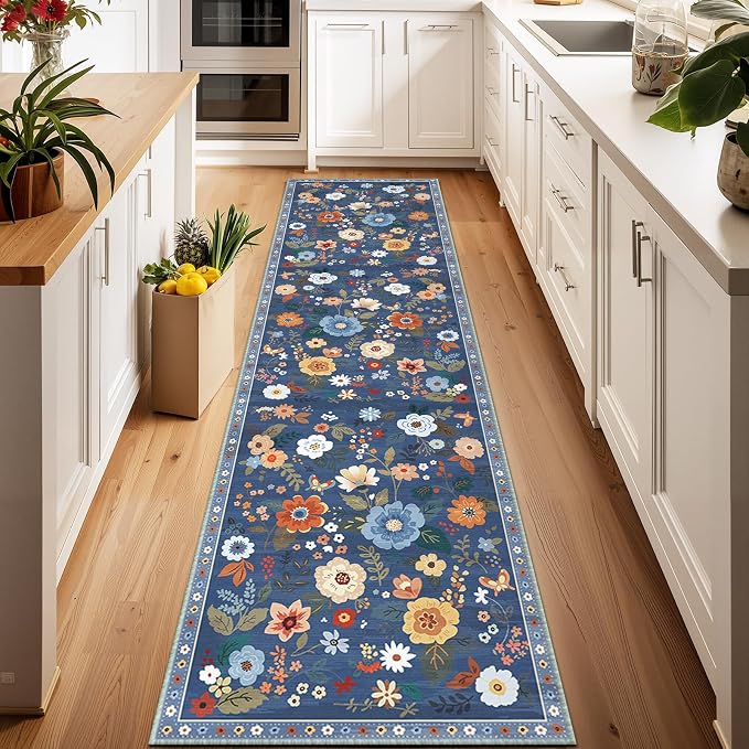 Floral Washable 2x8 Area Rugs Runner Entryway Hallway Blue/Grey | Flower Carpet, Print, Boho, Non-Slip, Easy to Clean, Low Pile, Soft, for Living Room Bedroom Kitchen Office Entrance