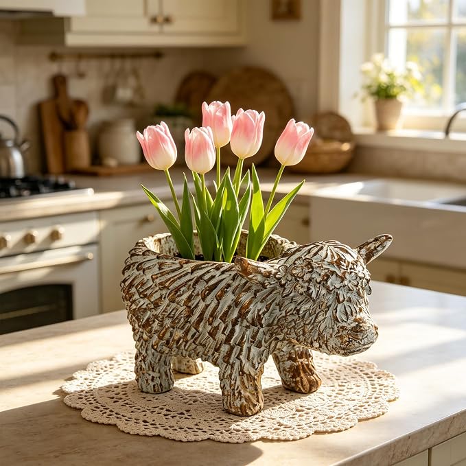 Rustic Highland Cow Planter - Vintage Distressed Blue Resin Planter Pot Indoor&Outdoor Flower Pots for Garden Home Decor, Succulent, Herbs