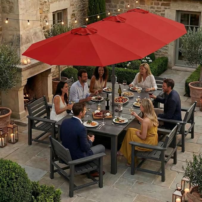 Kingdura 15ft Large Patio Umbrella with Base Included, Double-Sided Rectangle Outdoor Table Umbrella with 12 Reinforced Ribs, Crank Lift for Market Pool Deck Backyard, Red