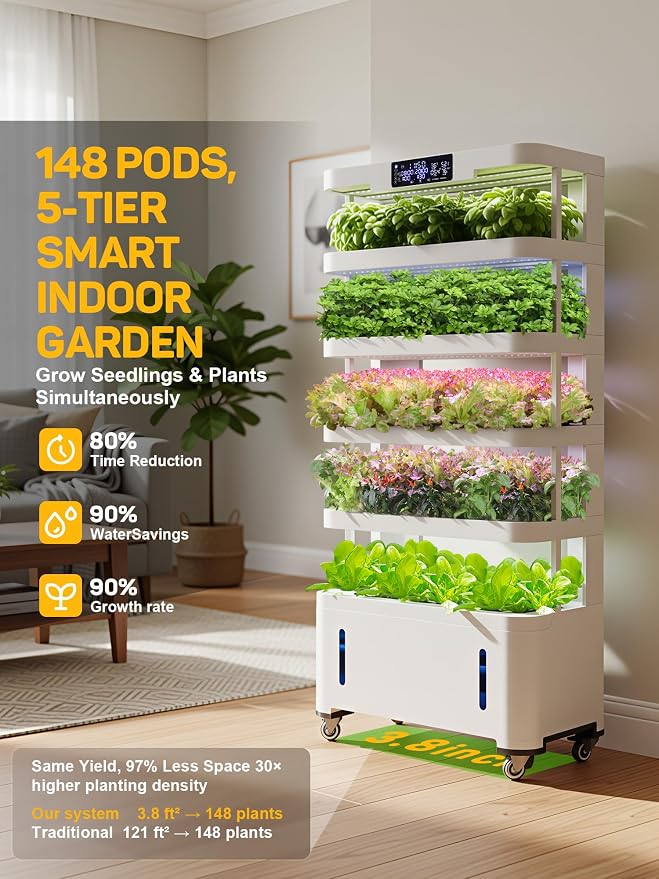 Large Hydroponics Growing System,148 Pod Vertical Indoor Garden Tower | hydroponic tower, Full-Spectrum Grow Lights, Ultra-Quiet Pump, Dual Water Tanks, 30-Day Self-Managed for Home & Commercial