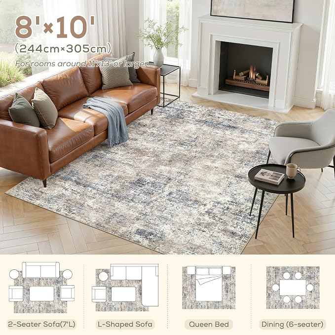 Nakagishi 8X10 Abstract Washable Area Rugs for Living Room-Blue Brown | Modern Non-Slip Silicone Backing Low Pile Soft Carpet for Bedroom Dining Decor Ideal for Families with Kids and Pets