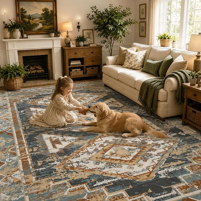 Washable 8x10 Area Rug for Living Room, Rustic Farmhouse Low-Pile Non-Slip Carpet, Stain Resistant Vintage Southwestern Rug for Dining Room Bedroom, Blue Rust Ivory
