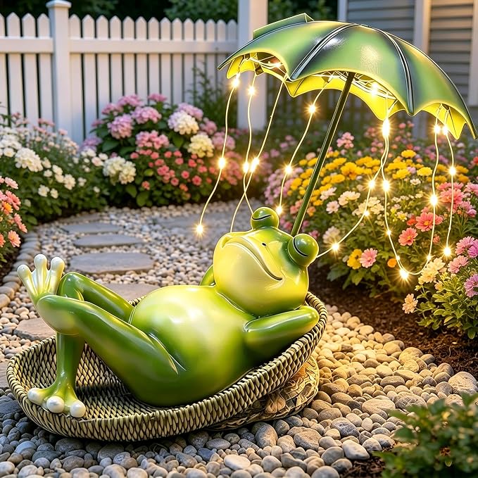 6.7" Solar Frog Garden Statue with Light Up Umbrella - IP65 Waterproof Resin Sculpture, Outdoor Figurine for Patio Yard Pond, Unique Gardening Gifts for Women/Mom