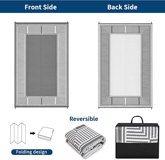 Garvee 8x10 Outdoor Rug Waterproof Plastic Straw Rug Outdoor Patio Rugs Reversible Mat Easy Clean Foldable Lightweight Large Area Rugs for Patio Porch Backyard Camping RV Beach Balcony Border Grey
