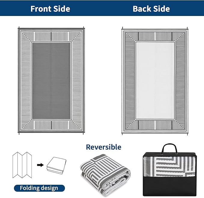 9x12 Outdoor Rug Waterproof Foldable Plastic Straw Carpet for Patio Porch Modern Striped Reversible Mat Border Lightweight Floor Mat for Picnic, Rv, Beach, Deck, Camper, Balcony，Grey/White