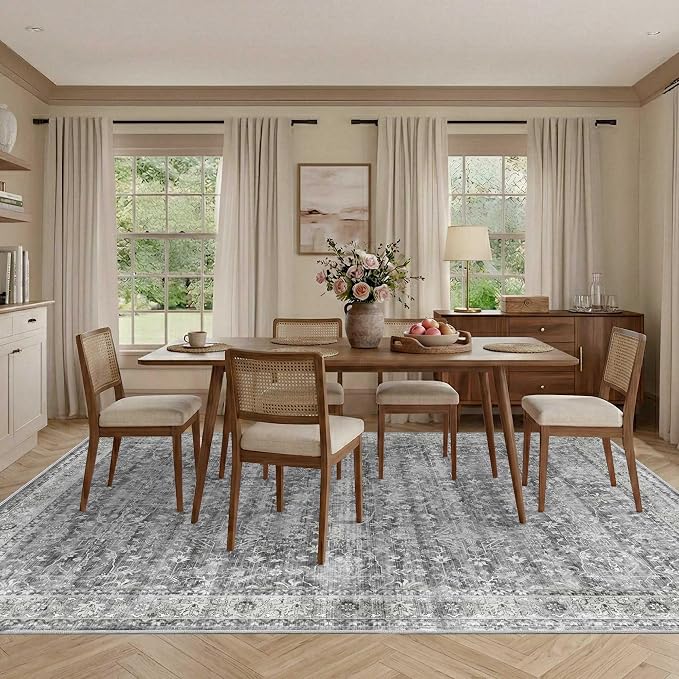 Latte&Fog 6x9 Area Rugs for Living Room Washable Vintage Grey Rugs Large | for Bedroom Kitchen Dining Kids Nursery Classroom Playroom Farmhouse Office Dorm, Non Slip Soft Carpet, Large Floral Rug