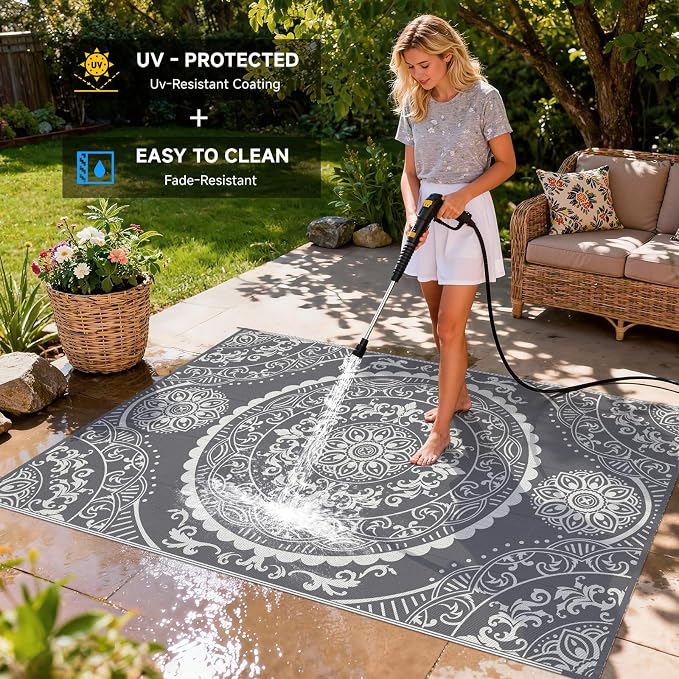 Pauwer Waterproof Outdoor Rug 6x9, Reversible Plastic Straw Patio Camping Rug, Indoor Outdoor RV Mat Carpet for Deck, Camper, Porch, Balcony, Backyard, Picnic, Paisley Grey